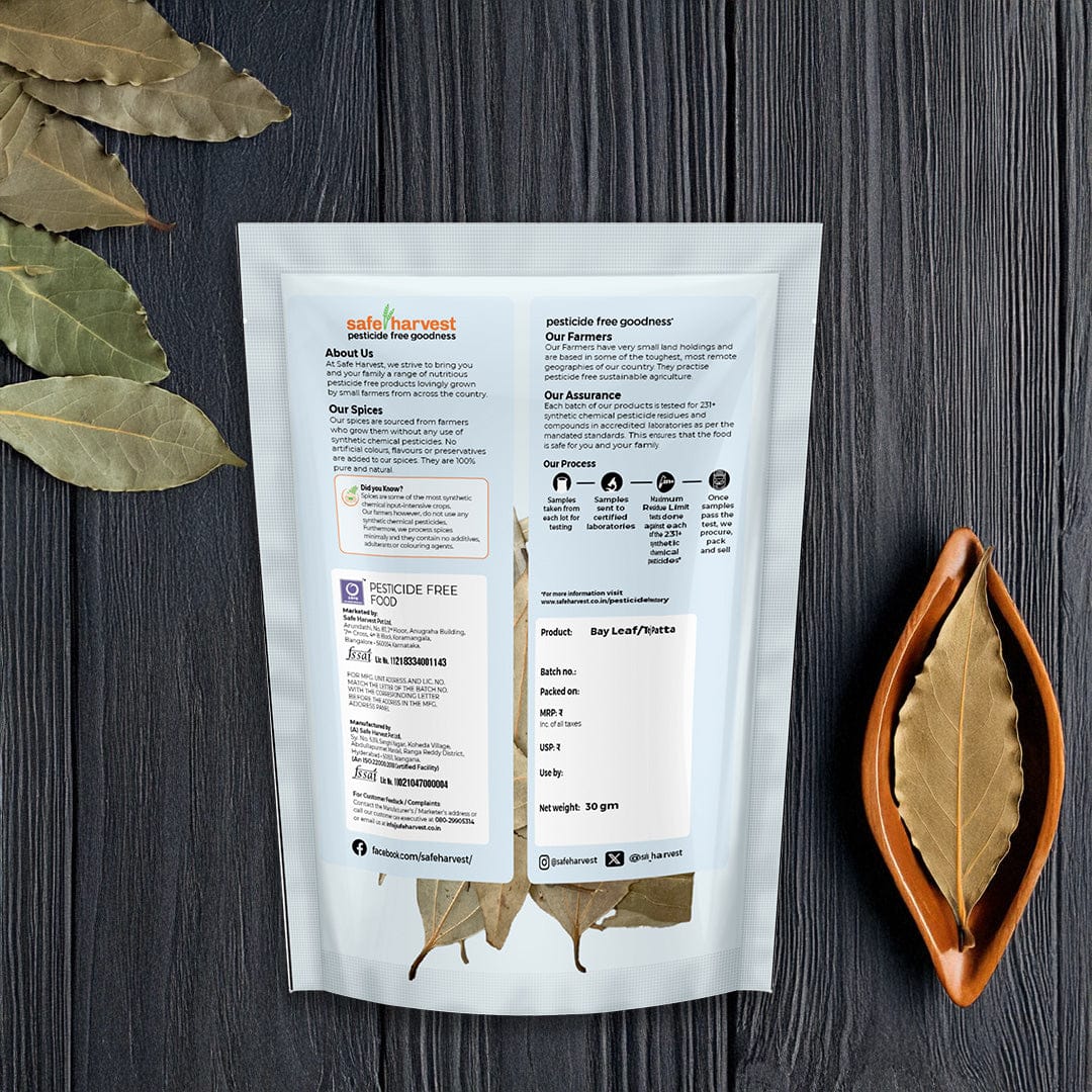 Safe Harvest Bay Leaf Tej Patta lab test report, 200+ pesticide residues tested every batch.