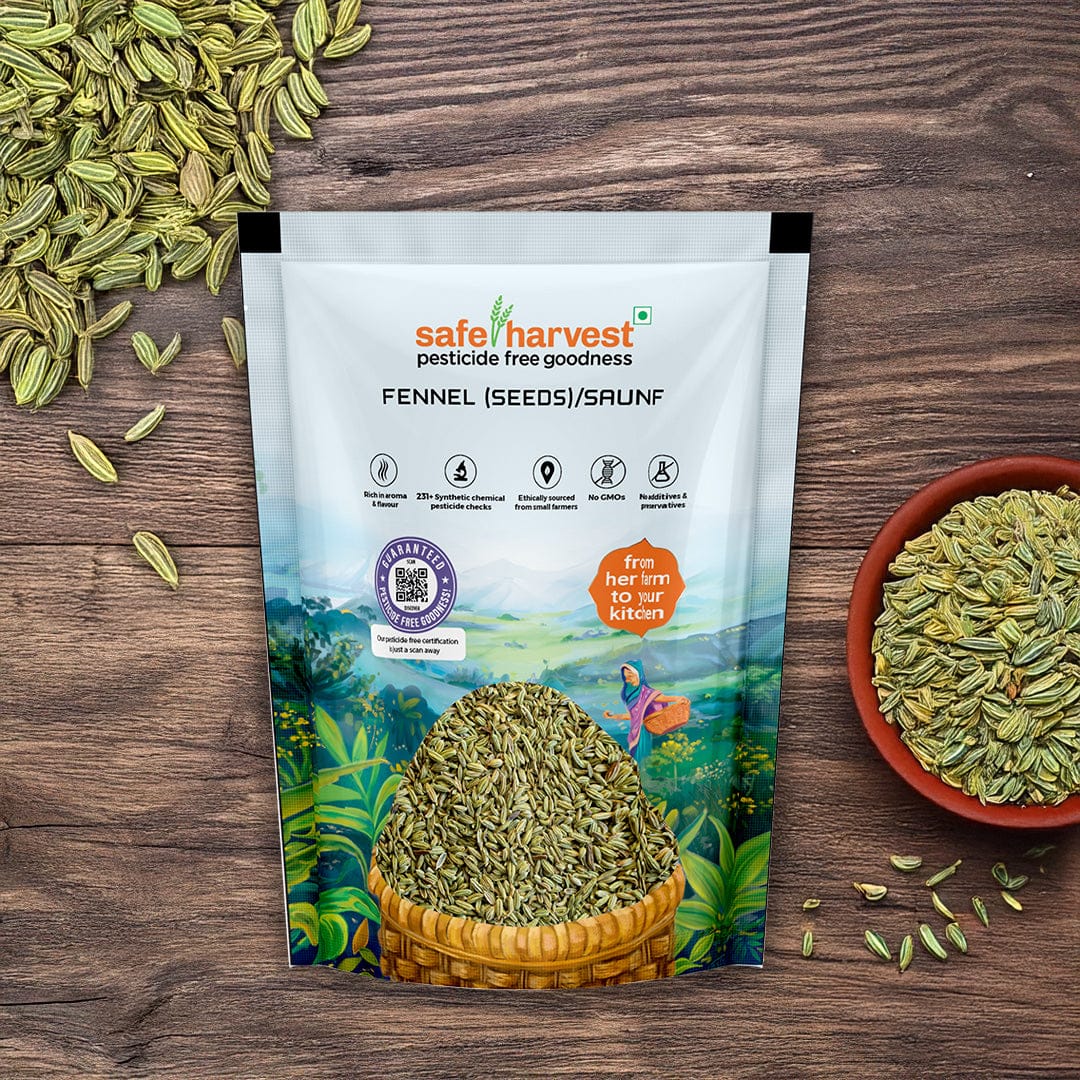 Safe Harvest pesticide-free fennel seeds saunf pack with seeds in a red bowl on a wooden surface.