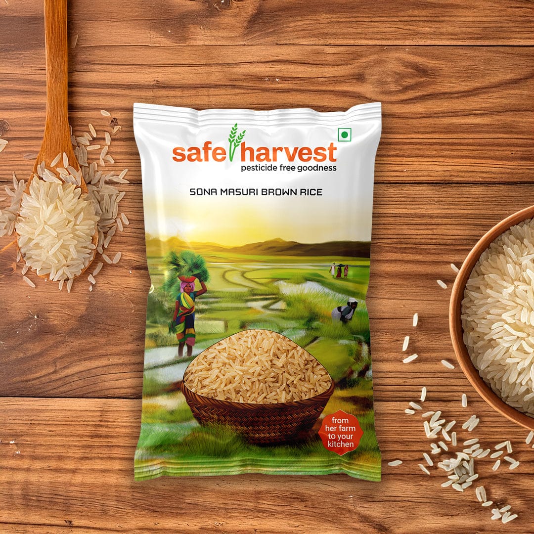 Safe Harvest Sona Masuri brown rice pack - arsenic-free, unpolished, NABL lab tested pesticide-free brown rice