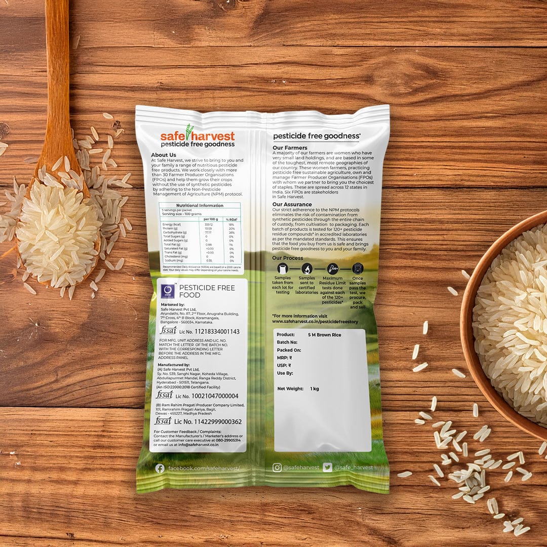 Safe Harvest Sona Masuri brown rice lab test report -- arsenic and 230+ pesticide residues tested every batch
